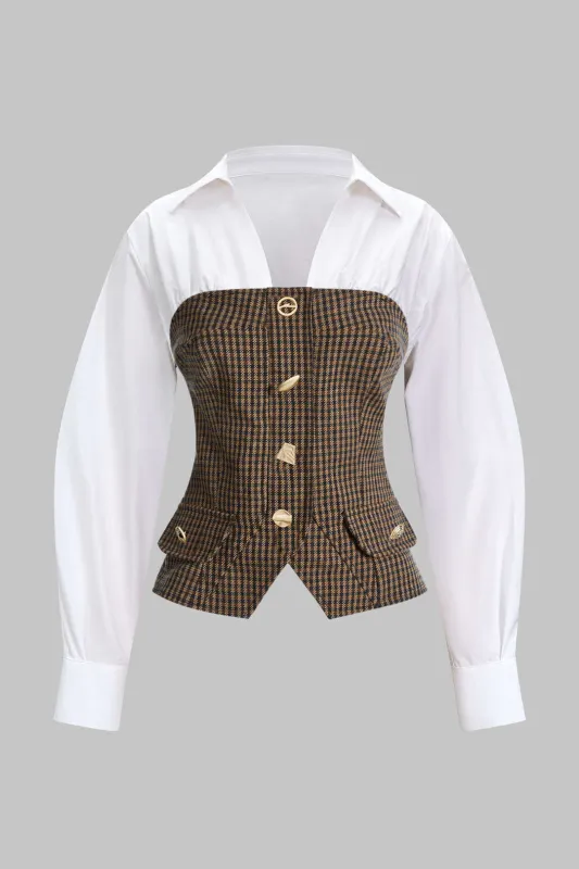 Plaid Print Irregular Button Zipper Long-Sleeved Top sold by Micas