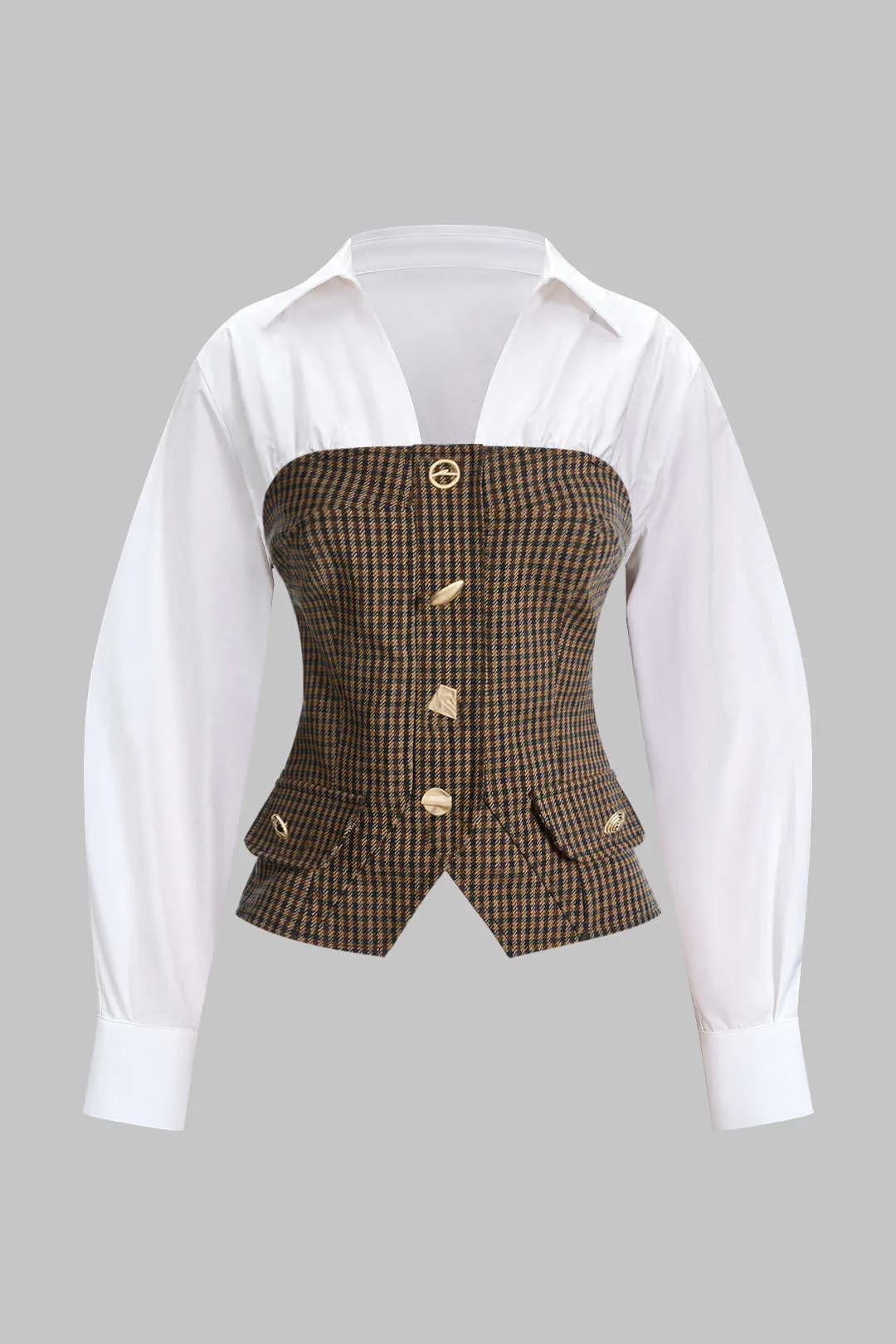 Plaid Print Irregular Button Zipper Long-Sleeved Top sold by Micas