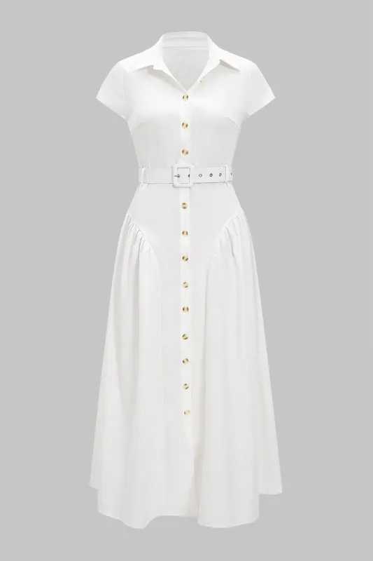 Lapel Button Belted Short Sleeve Midi Dress sold by Micas
