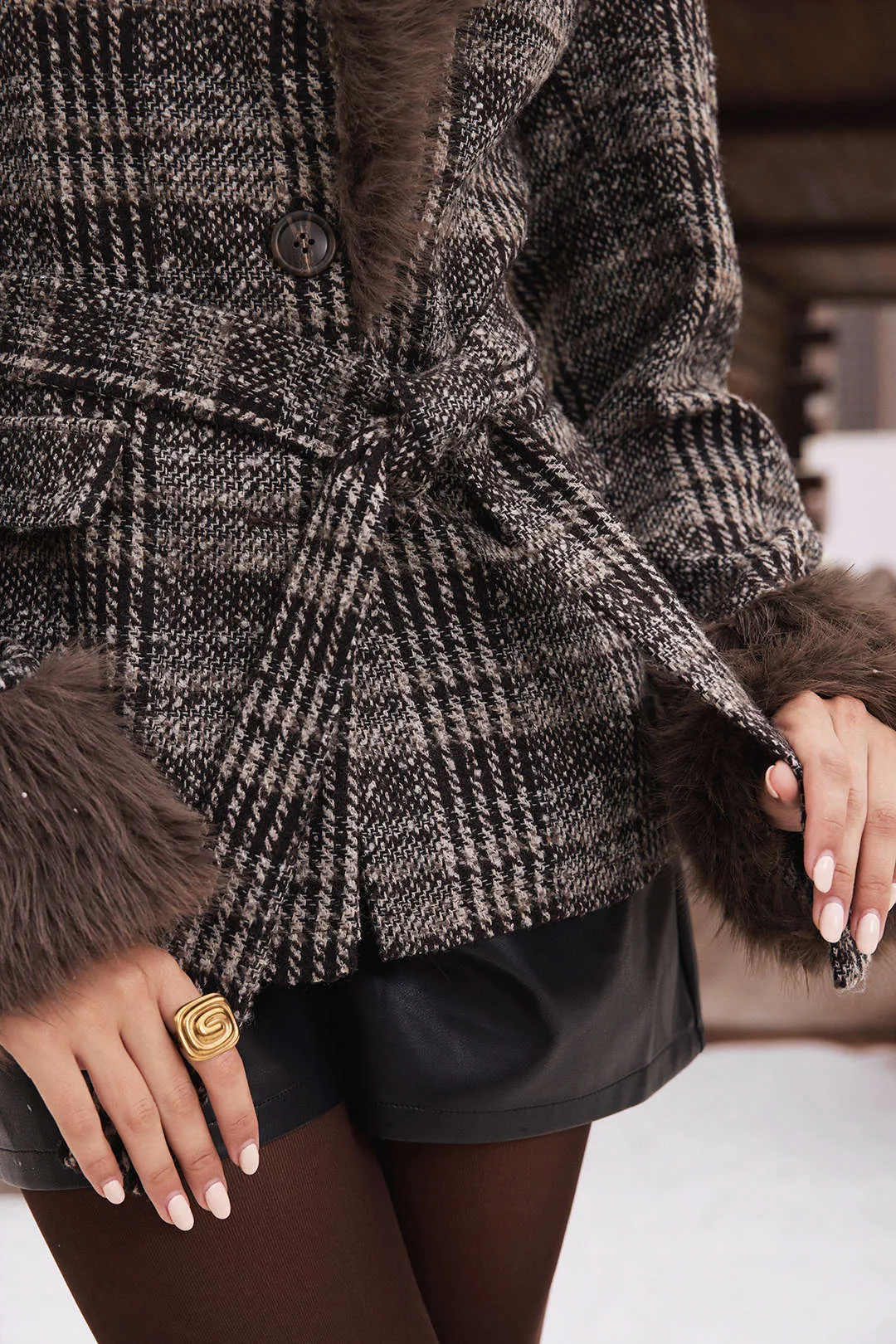 Plaid Print Patchwork Faux Fur Trim Belted Blazer sold by Micas product image thumbnail 4