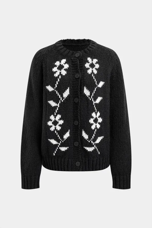 Knit Floral Print Round Neck Cardigan sold by Micas