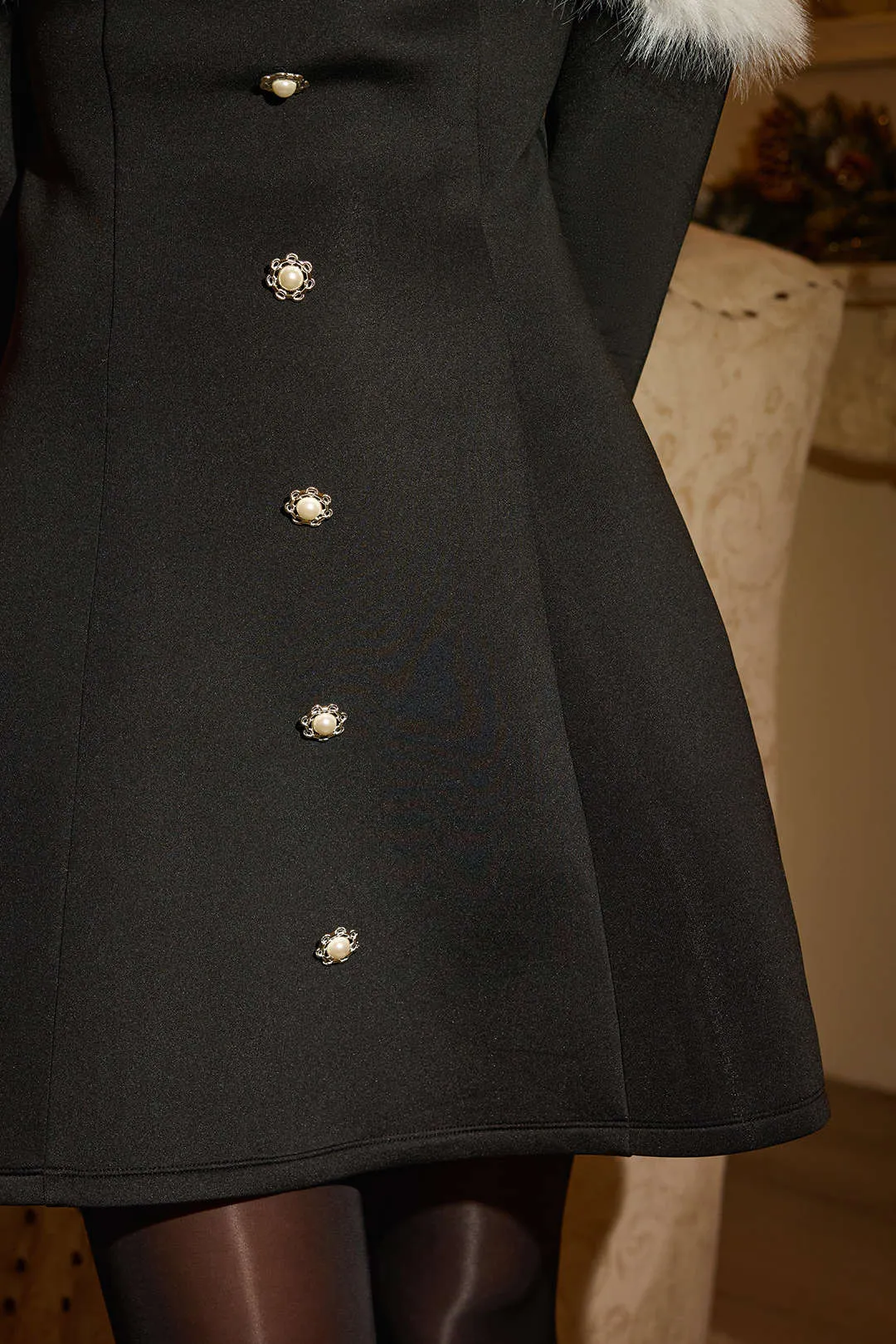 Fur Trim Patchwork Off-Shoulder Button Long Sleeve Mini Dress sold by Micas product image thumbnail 5