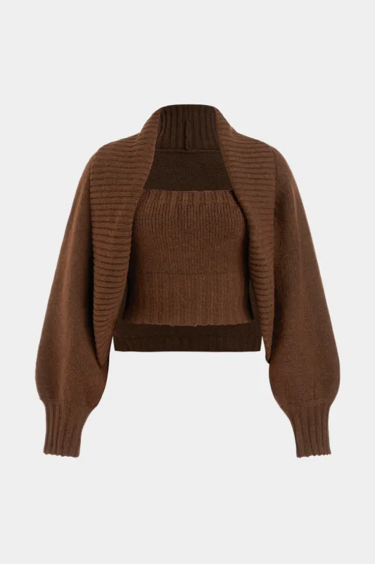 Plus Size Lapel Ribbed Long Sleeve Top And Tube Top Set sold by Micas