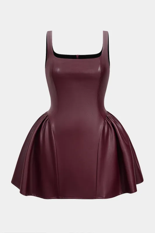 Plus Size Faux Leather Square Neck Puff Hem Sleeveless Mini Dress sold by Micas
