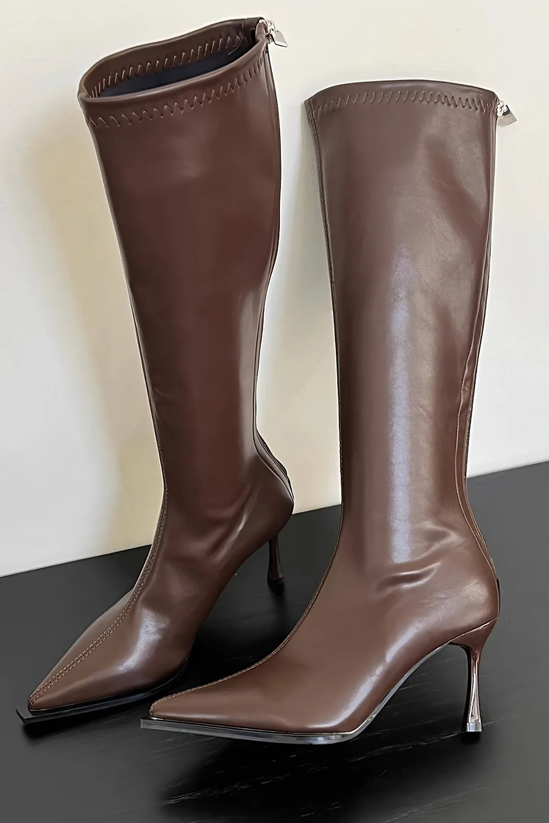Leather Zipper Pointed Toe Knee High Boots sold by Micas product image thumbnail 2