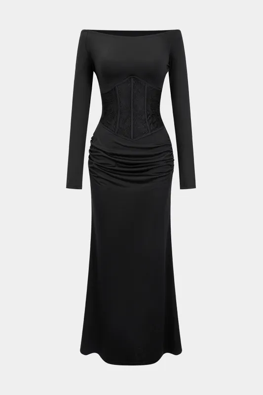 Off Shoulder Lace Corset Tie-Back Long Sleeve Maxi Dress sold by Micas