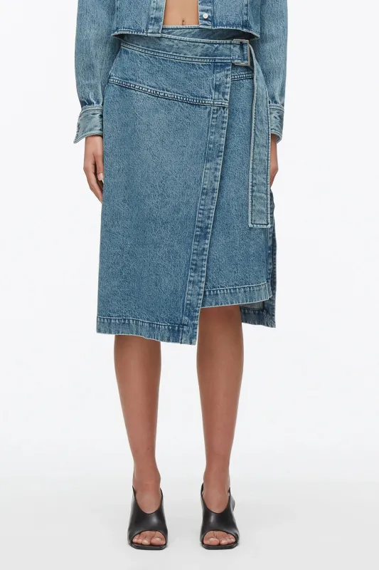 Denim A-Line Belted Skirt sold by Micas