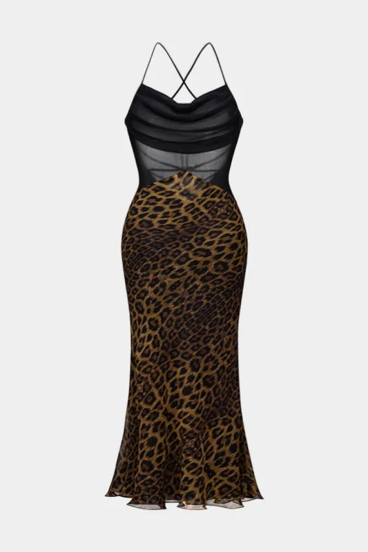 Plus Size Leopard Print Mesh Patchwork Draped Cowl Neck Tie-Back Sleeveless Maxi Dress sold by Micas