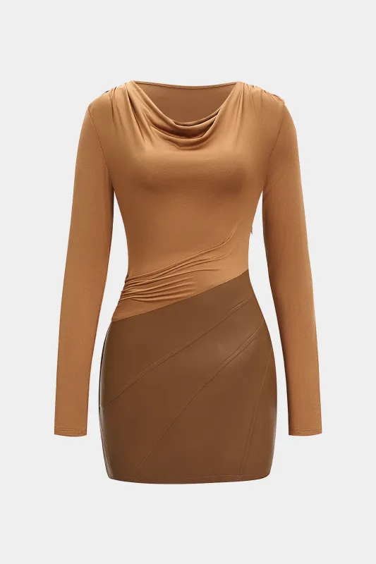 Draped Cowl Neck Faux Leather Patchwork Long Sleeve Mini Dress sold by Micas