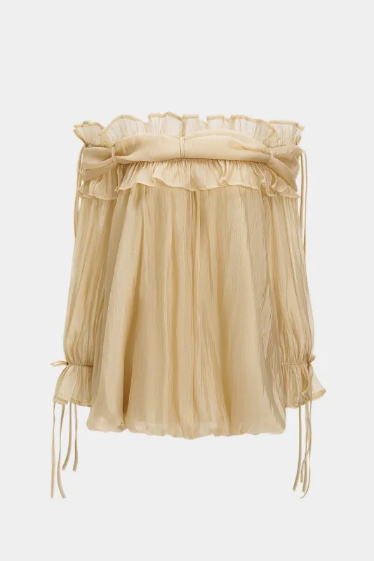 Chiffon Off Shoulder Ruffle Tie-Up Long-Sleeve Shirt sold by Micas