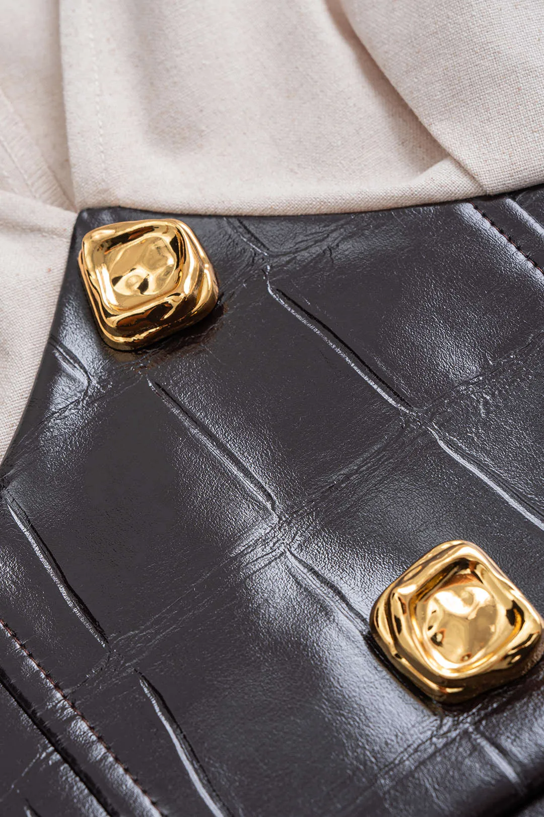 Faux Leather Metallic Button V-Neck Waist-Cinching Long-Sleeve Shirt sold by Micas product image thumbnail 3