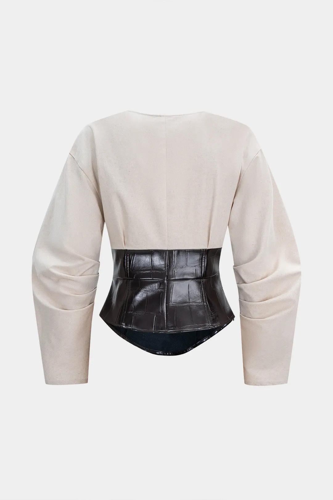 Faux Leather Metallic Button V-Neck Waist-Cinching Long-Sleeve Shirt sold by Micas product image thumbnail 2