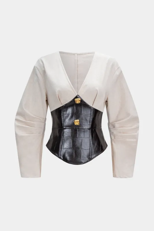 Faux Leather Metallic Button V-Neck Waist-Cinching Long-Sleeve Shirt sold by Micas