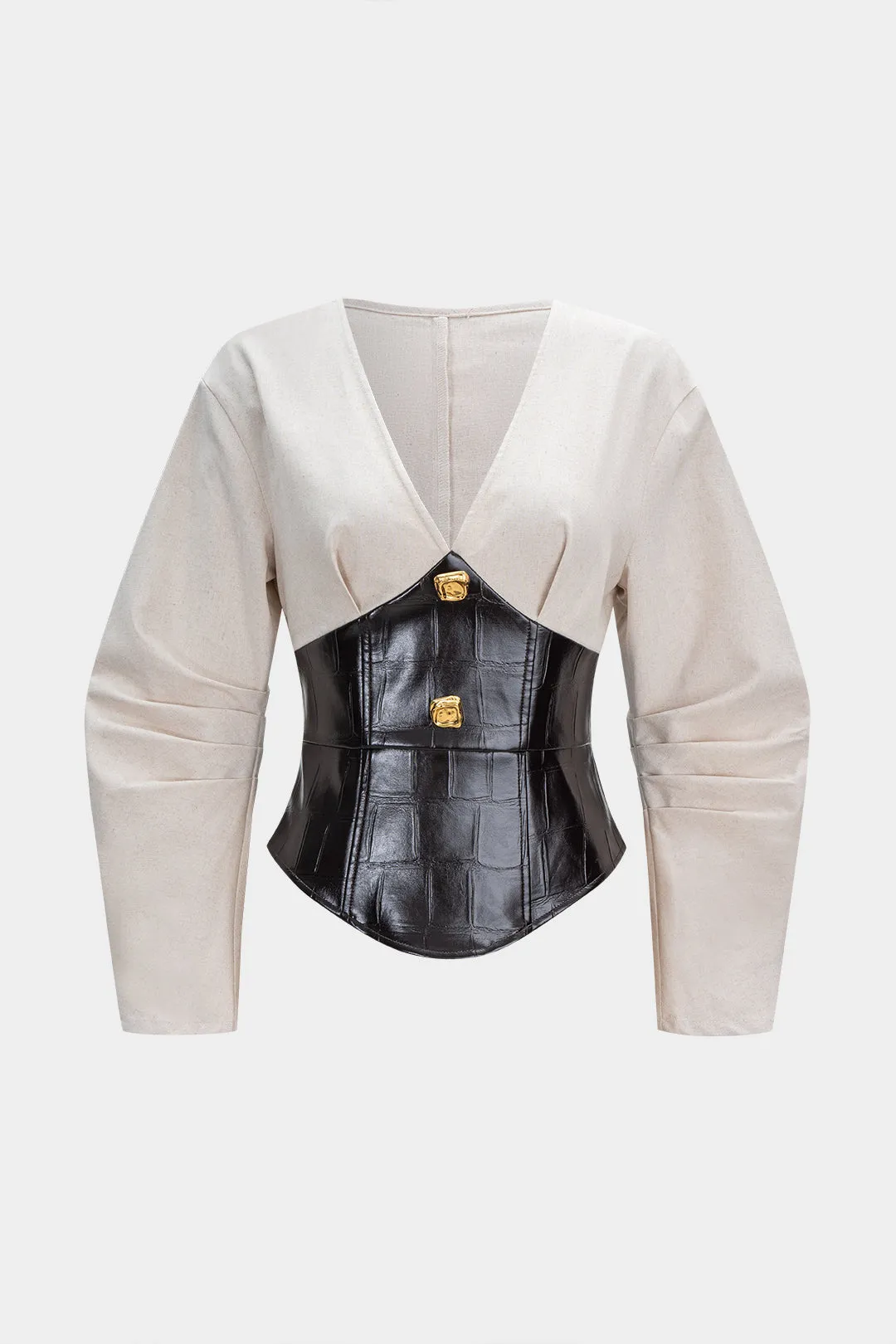 Faux Leather Metallic Button V-Neck Waist-Cinching Long-Sleeve Shirt sold by Micas