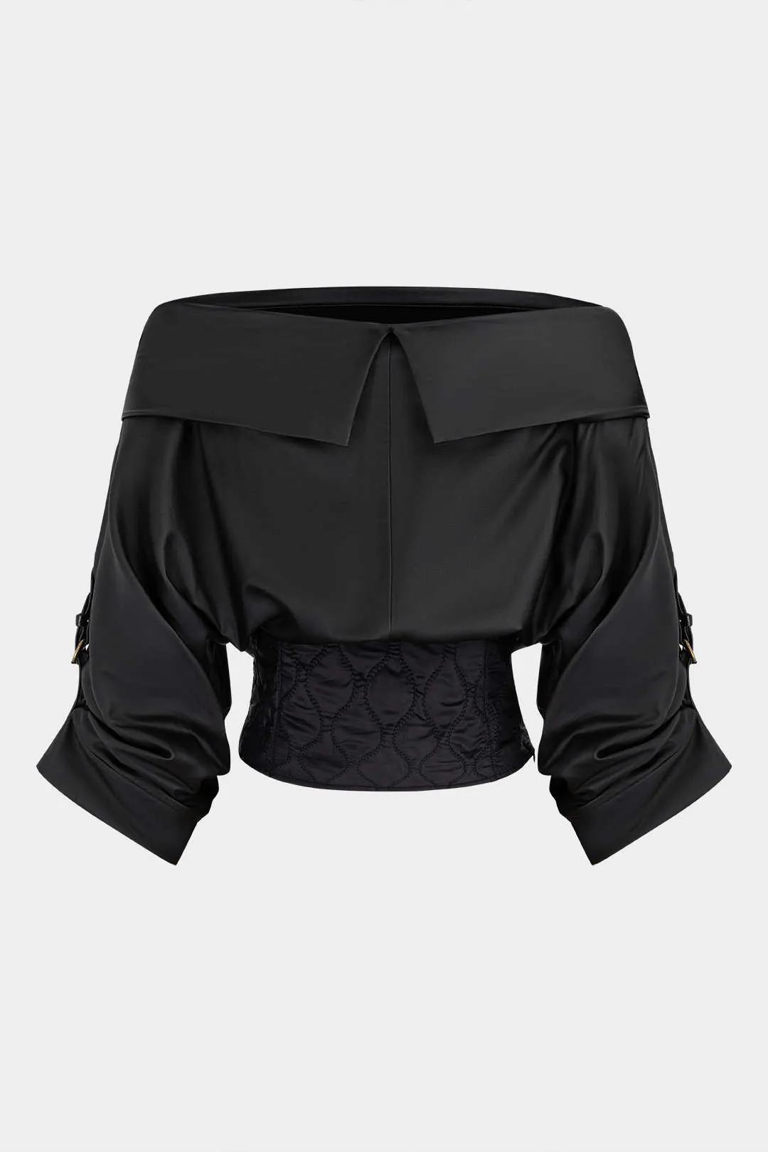 Faux Leather Quilted Patchwork Off Shoulder Long-Sleeve Shirt sold by Micas product image thumbnail 2
