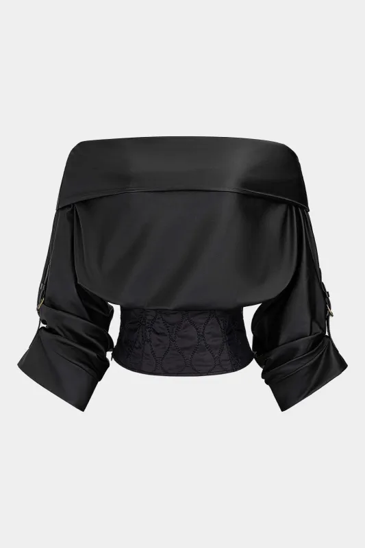 Faux Leather Quilted Patchwork Off Shoulder Long-Sleeve Shirt sold by Micas