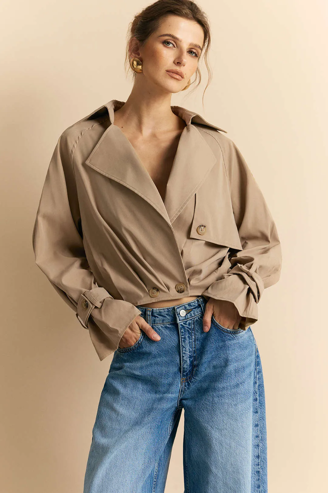 Notched Lapel Button Belts Cropped Jacket sold by Micas