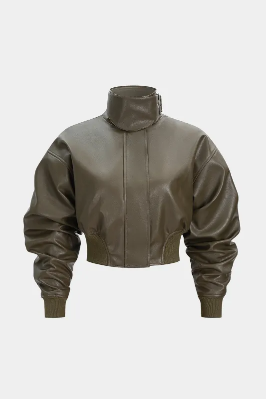 Faux Leather Stand Collar Zipper Jacket sold by Micas