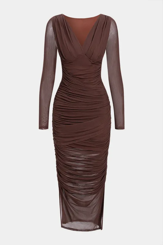Mesh V-Neck Ruched Long Sleeve Maxi Dress made by Micas