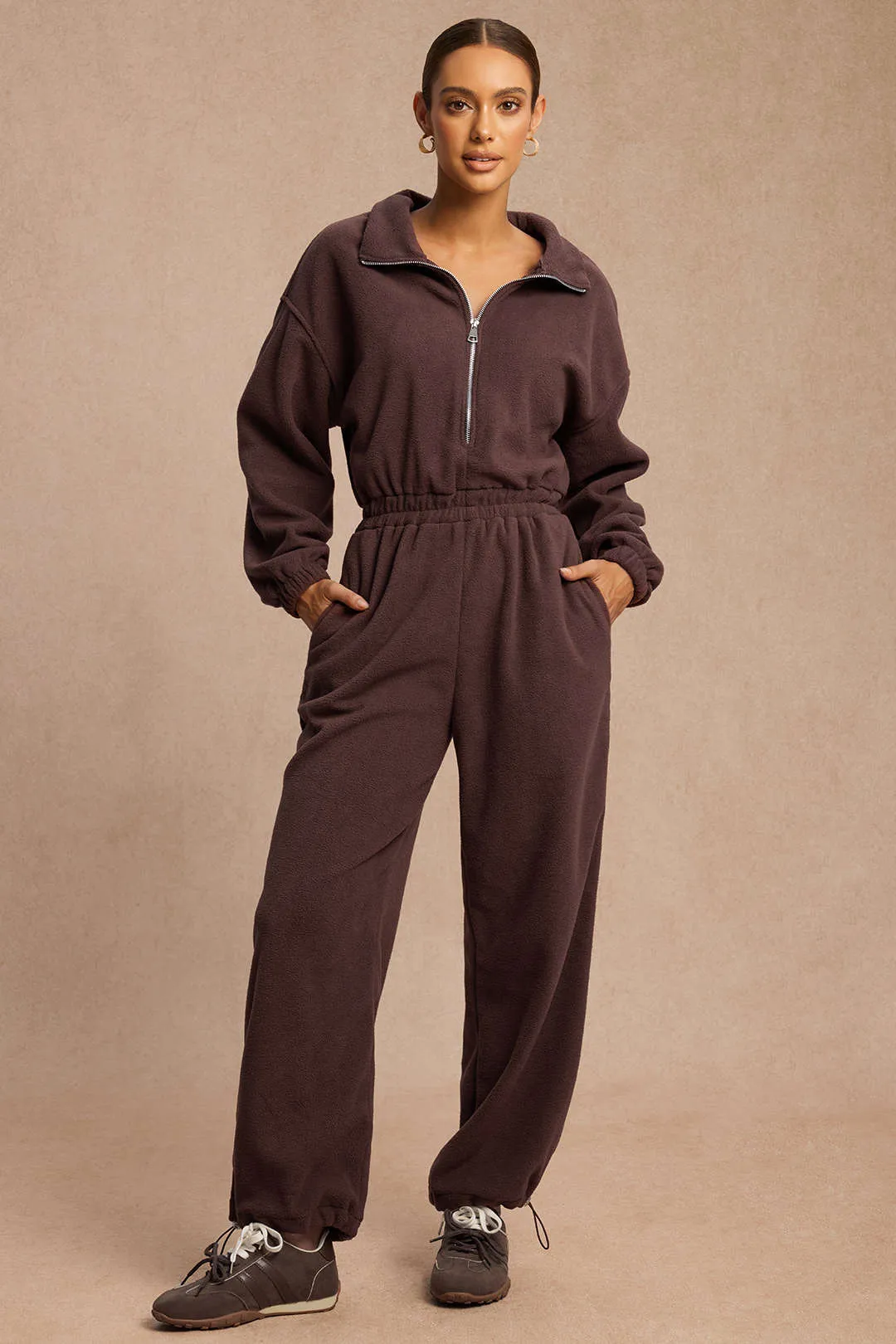 Shirred Drawstring Zipper Long Sleeve Jumpsuit sold by Micas