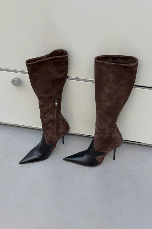 Leather Patchwork Side Zipper Pointed High Heel Over The Knee Boots sold by Micas