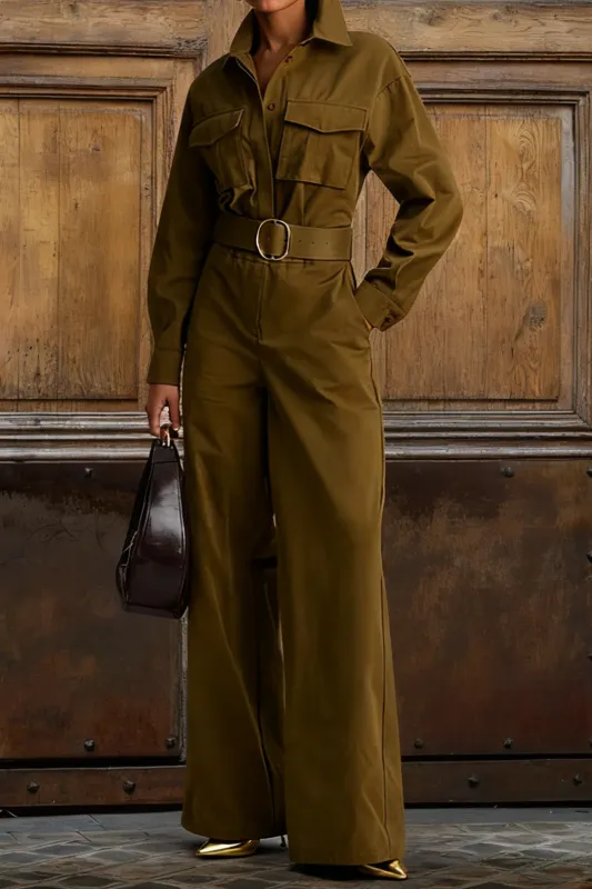 Solid Pocket Belted Long Sleeve Jumpsuit sold by Micas