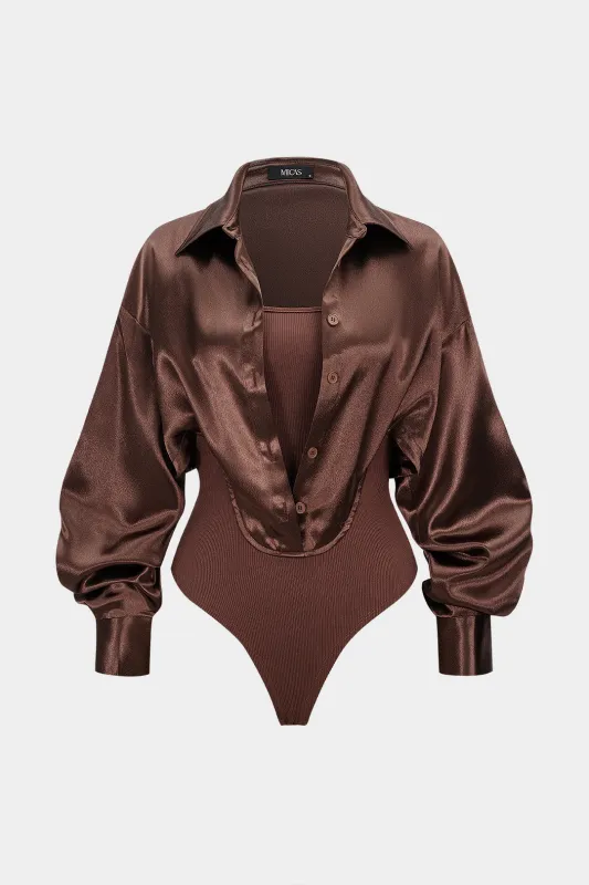 Satin Patchwork Button Long Sleeve Bodysuit sold by Micas