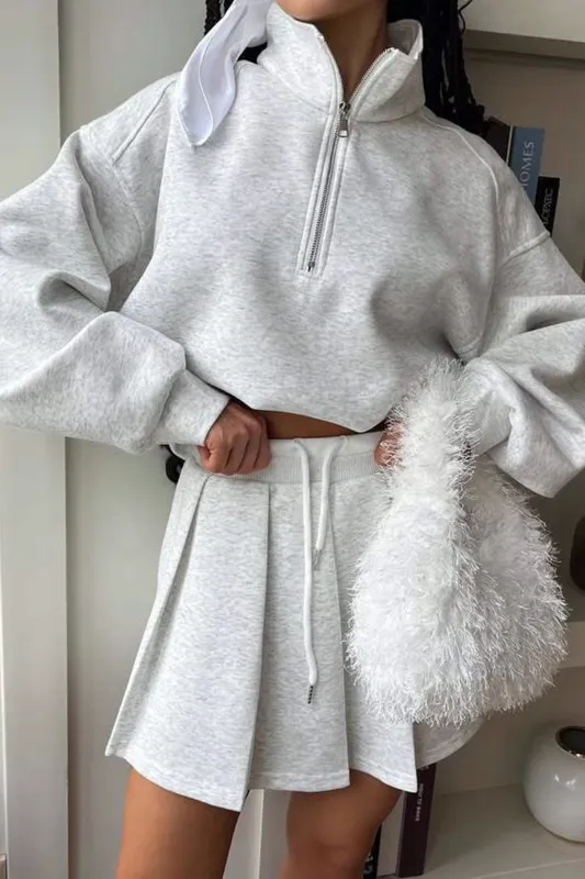 Solid Zipper Sweatshirt And Drawstring Pleated Skirt Set sold by Micas