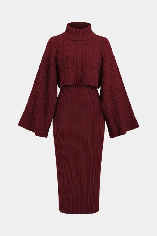 Cable Knit Turtleneck Long Sleeve Top And Ribbed Sleeveless Dress Set sold by Micas