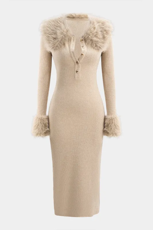 Faux Leather Patchwork Button Long Sleeve Midi Dress made by Micas