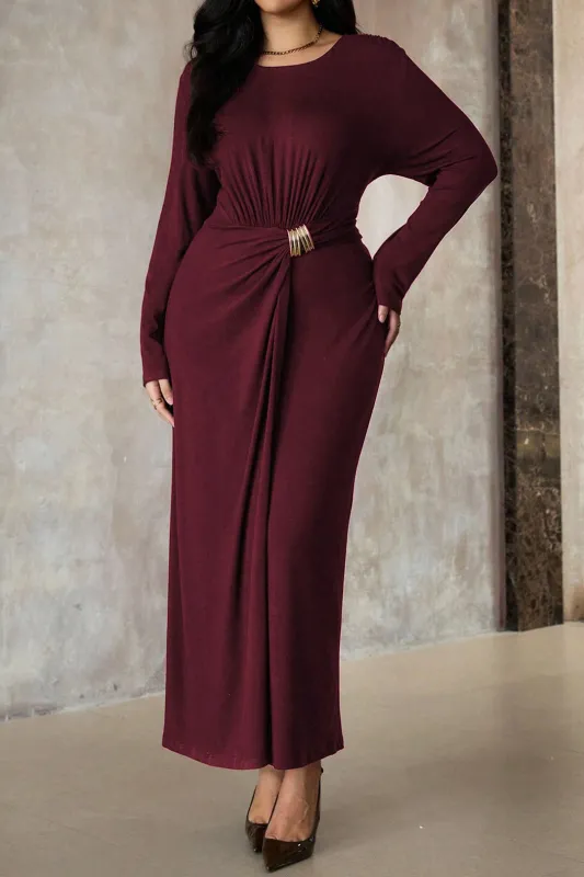 Plus Size Round Neck Asymmetrical Ruched Long Sleeve Midi Dress sold by Micas