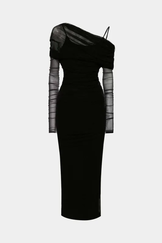 Mesh Asymmetrical Neck Slip Long Sleeve Maxi Dress sold by Micas