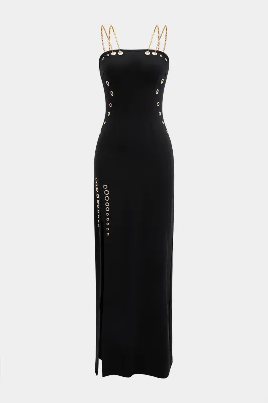 Eyelet Decor Metallic Chain Side Slit Sleeveless Maxi Dress sold by Micas