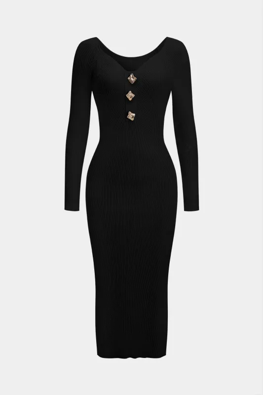 Knit Metallic Button Long Sleeve Dress sold by Micas