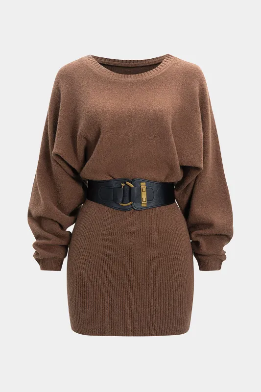 Knit Belted Batwing Long-Sleeve Dress sold by Micas