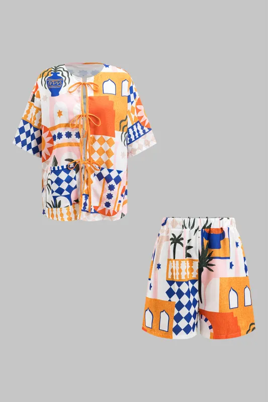 Geometric Coconut Palm Print Tie Front Shirt And Shorts Set sold by Micas