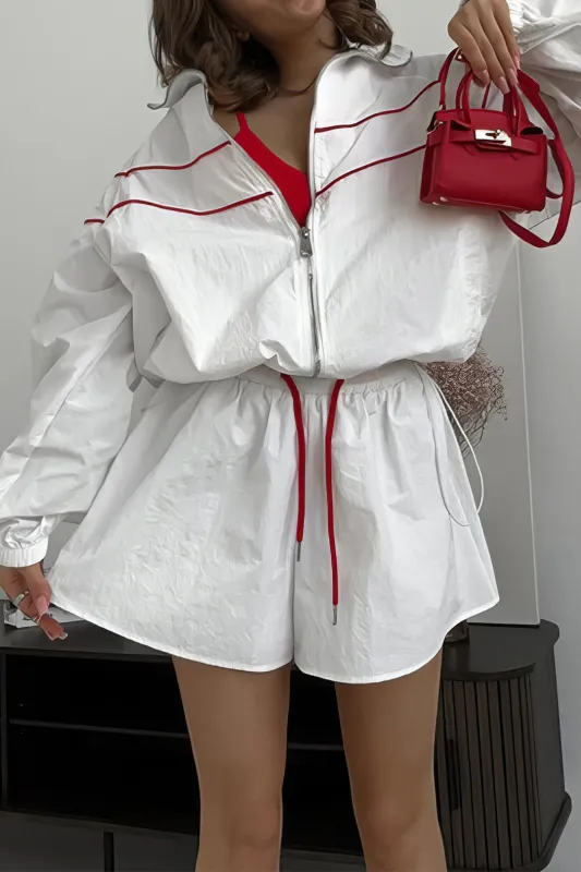 Contrast Binding Zipper Long-Sleeve Top And Tie-Up Wide Leg Shorts Set sold by Micas