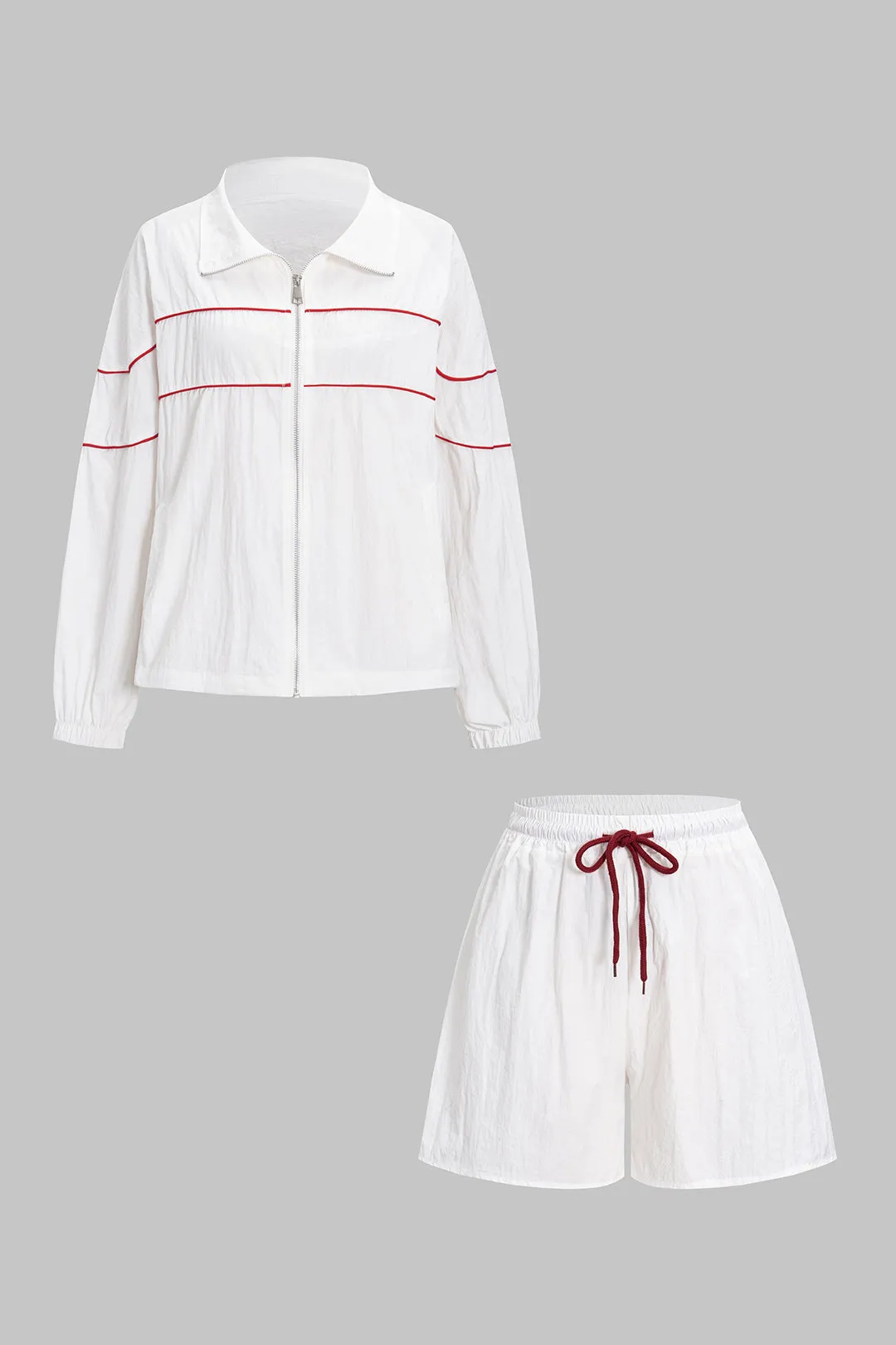 Contrast Binding Zipper Long-Sleeve Top And Tie-Up Wide Leg Shorts Set sold by Micas product image thumbnail 3