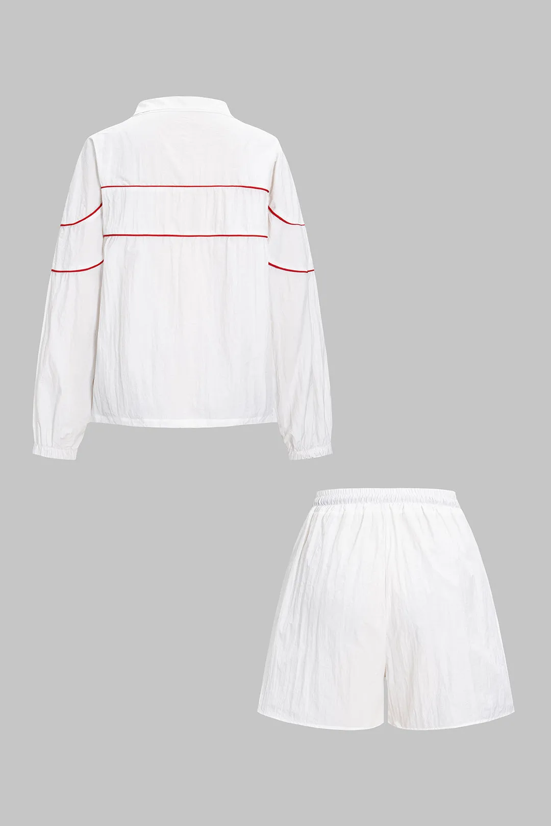 Contrast Binding Zipper Long-Sleeve Top And Tie-Up Wide Leg Shorts Set sold by Micas product image thumbnail 4