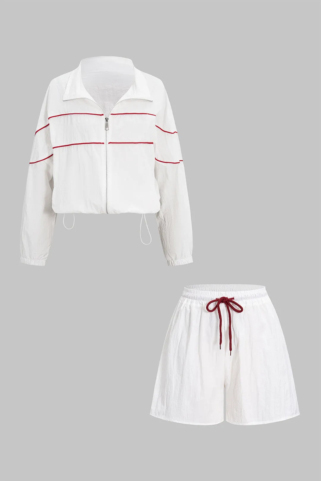 Contrast Binding Zipper Long-Sleeve Top And Tie-Up Wide Leg Shorts Set sold by Micas product image thumbnail 2