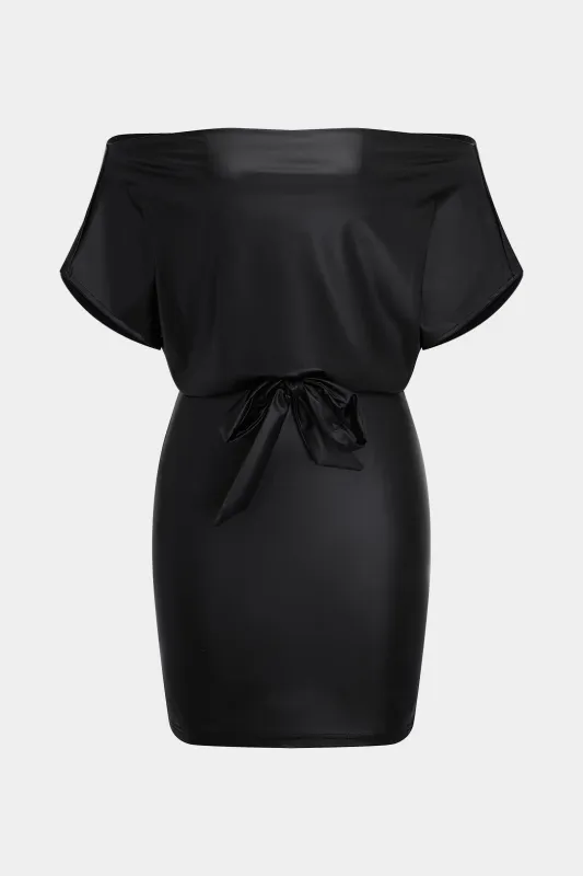 Faux Leather Tie Front Off Shoulder Short Sleeve Midi Dress sold by Micas
