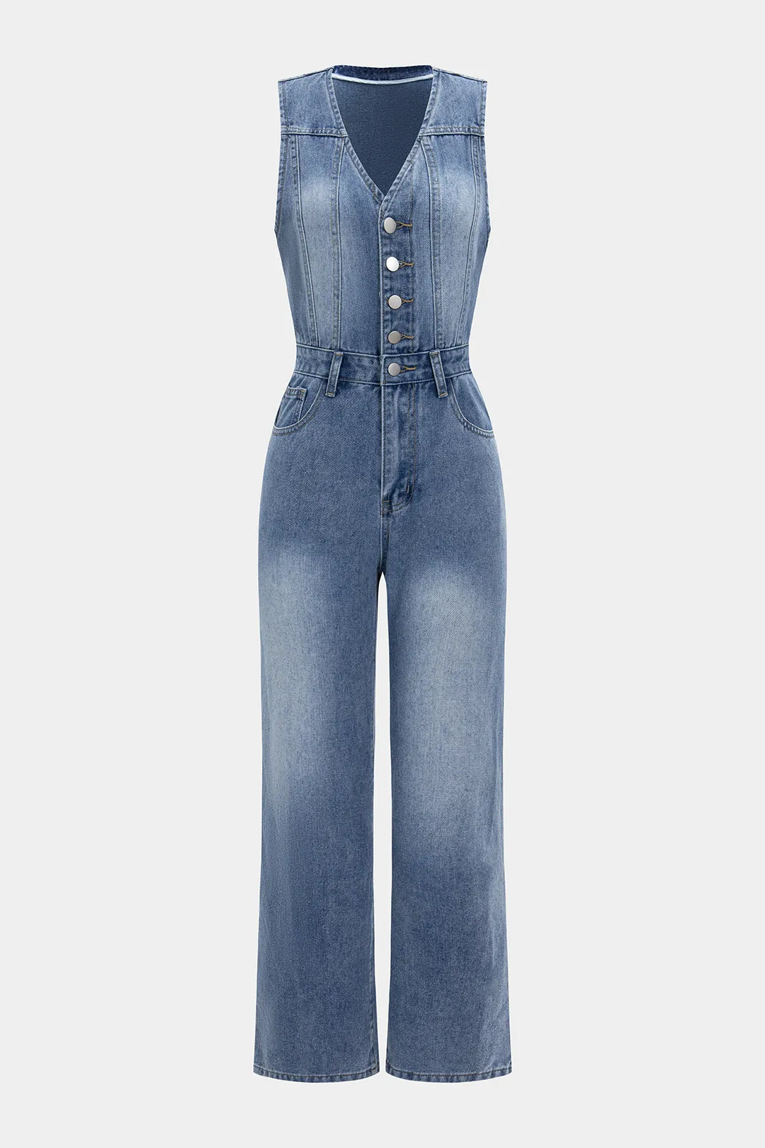 Denim V-Neck Sleeveless Jumpsuit sold by Micas