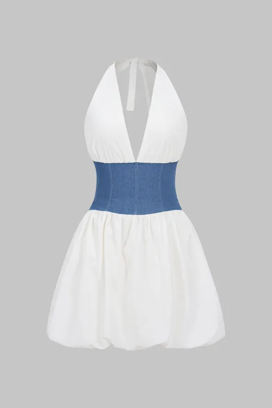 Patchwork Halter Neck Tie-Back Mini Dress sold by Micas