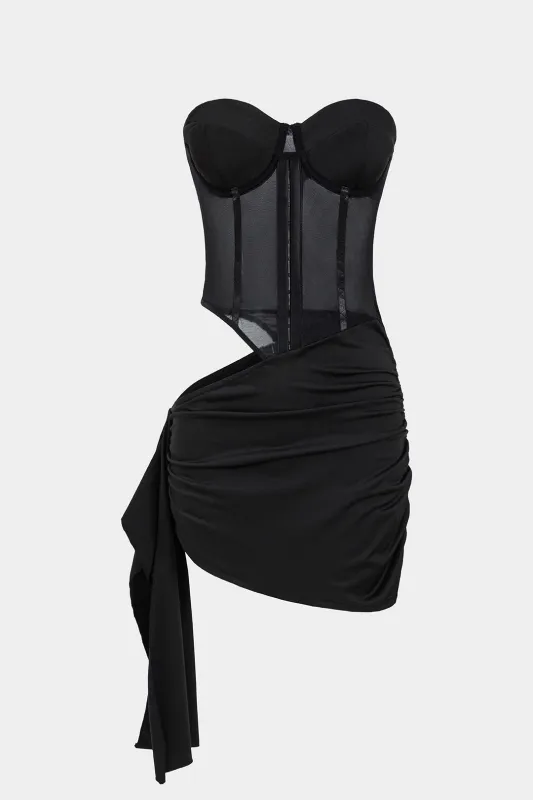 Mesh Cut Out Ruched Strapless Sleeveless Mini Dress sold by Micas