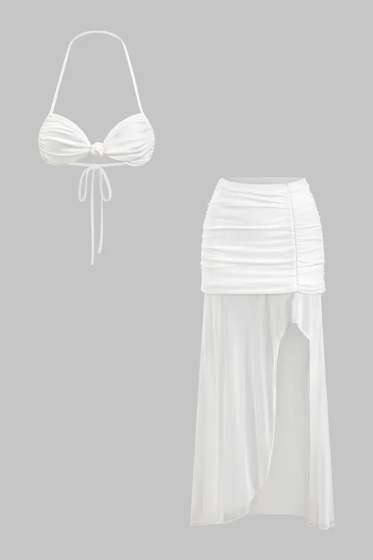 Mesh Patchwork Halter Tie Back Top And Ruched Skirt Set sold by Micas