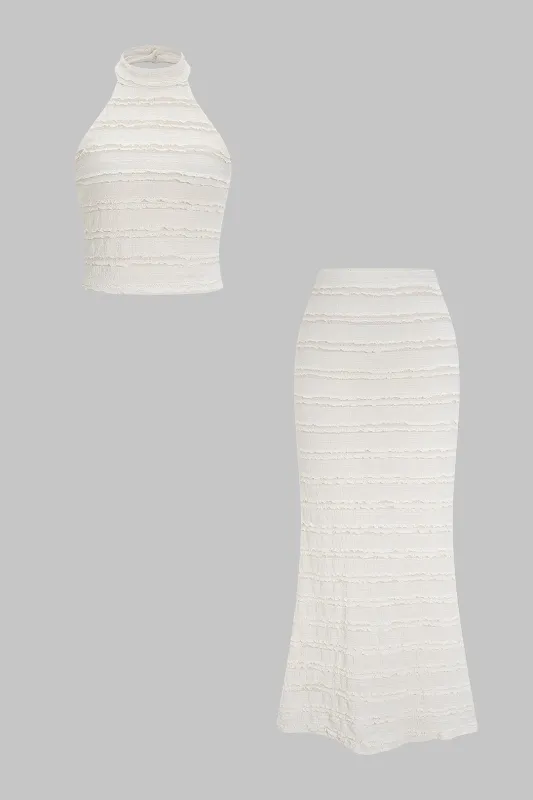 Mock Neck Backless Ruched Sleeveless Top And High Waist Skirt Set sold by Micas