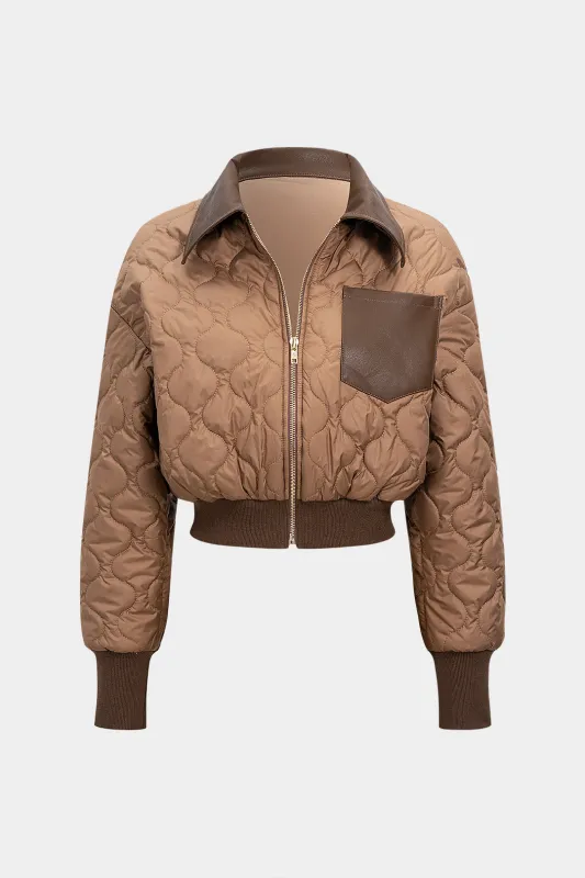 Faux Leather Patchwork Quilted Zipper Puffer sold by Micas