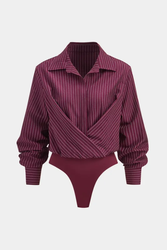 Stripes Print Patchwork Ruched Long Sleeve Bodysuit sold by Micas