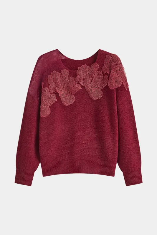 Knit Lace Applique Long-Sleeve Top sold by Micas