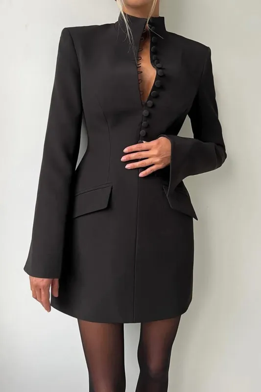 Solid Button Detail Long Sleeve Mini Dress sold by Micas
